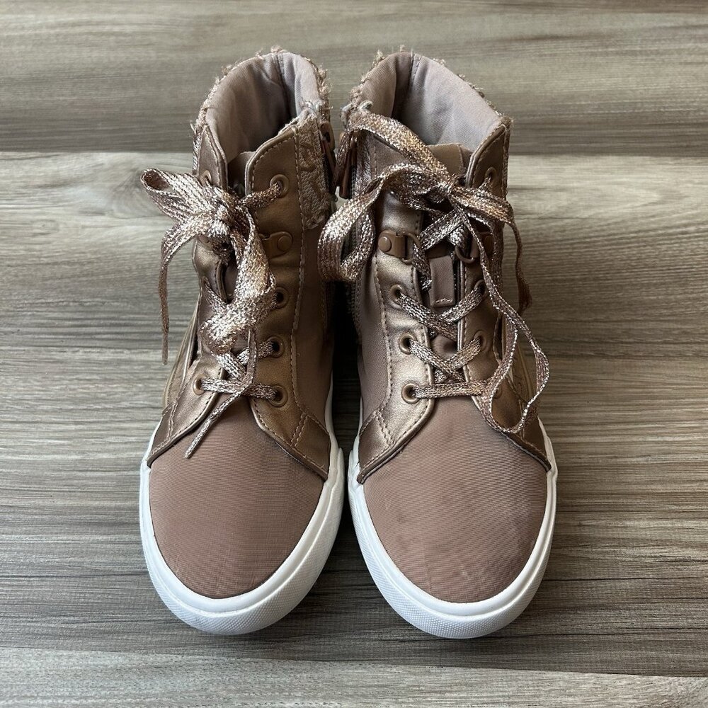 DKNY Girls Fashion Shoes Size 3.5 Gold Lace Up Side Zipper Mid Top Sneakers GUC - Picture 5 of 9